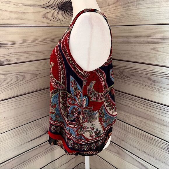 Patrons of Peace Red & Navy Patterned Layered Split Back Tank Top - Picture 4 of 6